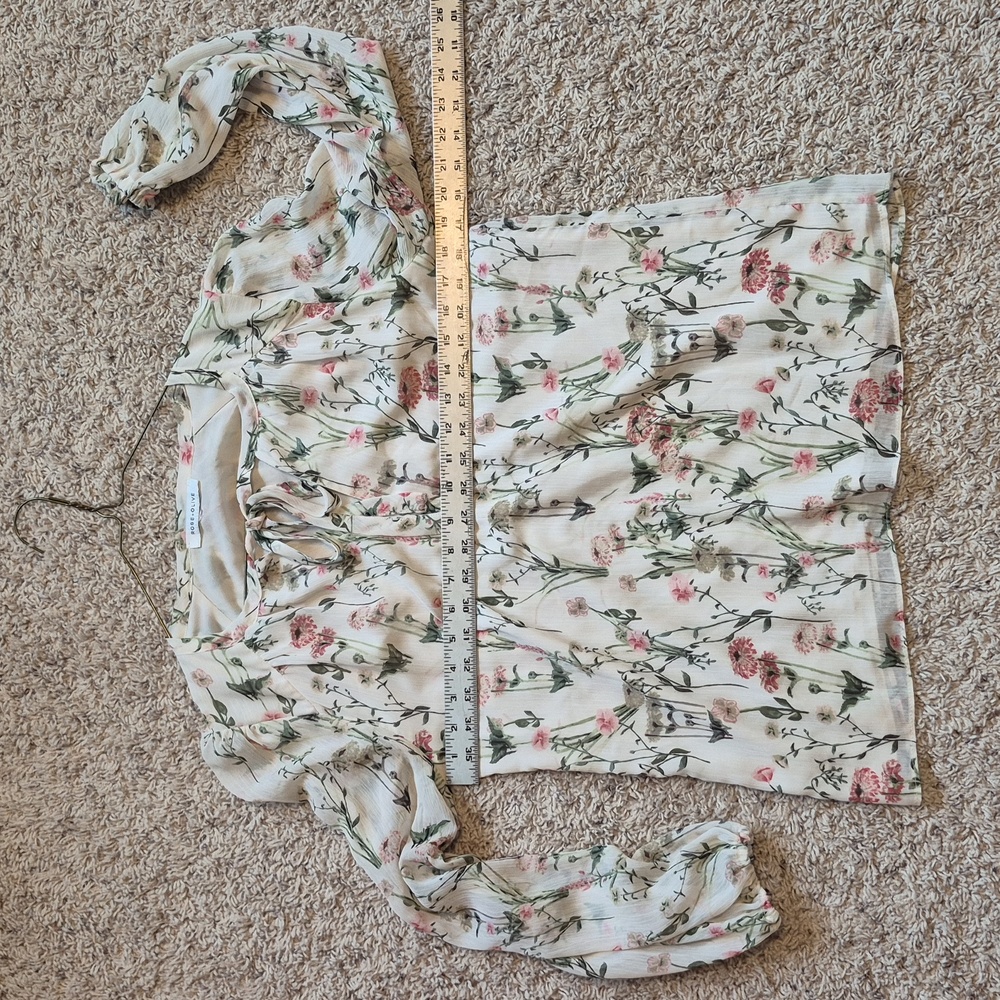 Rose + Olive Floral Long Sleeve Blouse | Cream Sheer Lined Top | Size Small - Picture 16 of 17